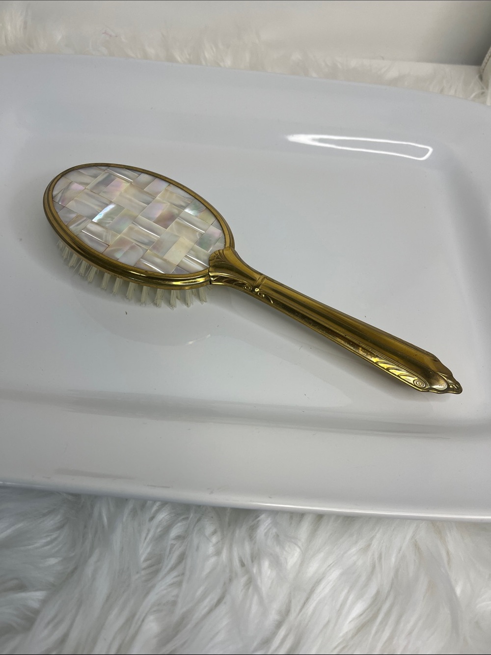Source Unknown Gold Handheld Hair Brush with Iridescent Mother-of-Pearl Inlay